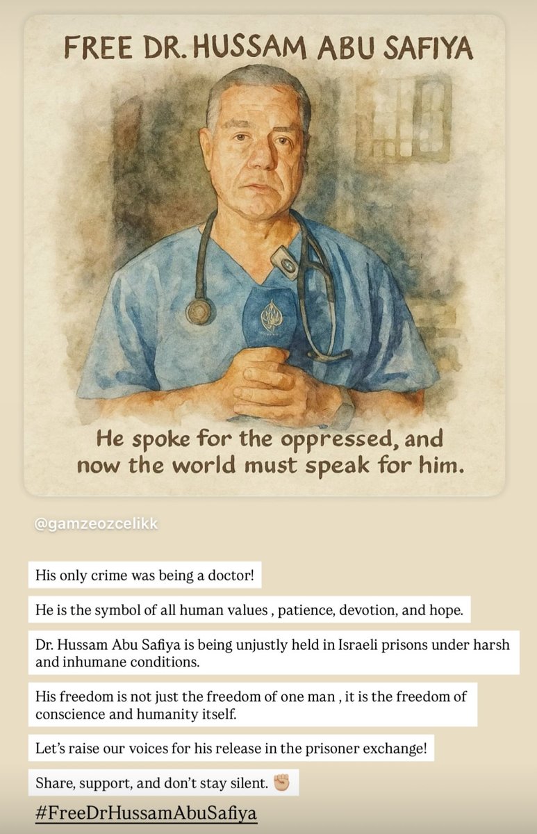 #FreeDrHussamAbuSafiyah 

Let’s raise our voices for his release in the prisoner exchange!

Share, support, and don’t stay silent. ✊🏼