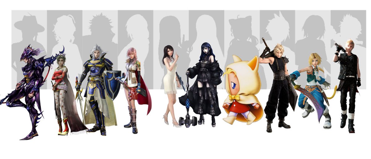 Revising my guess for the silhouettes.
The fedora guy is possibly Kain, I think that silhouette is too slender to be Ardyn.
I originally thought 3rd from the left was Clive but on second thought it's most likely FF1 WoL.
And the cat ears character possibly FFV White Mage Krile.