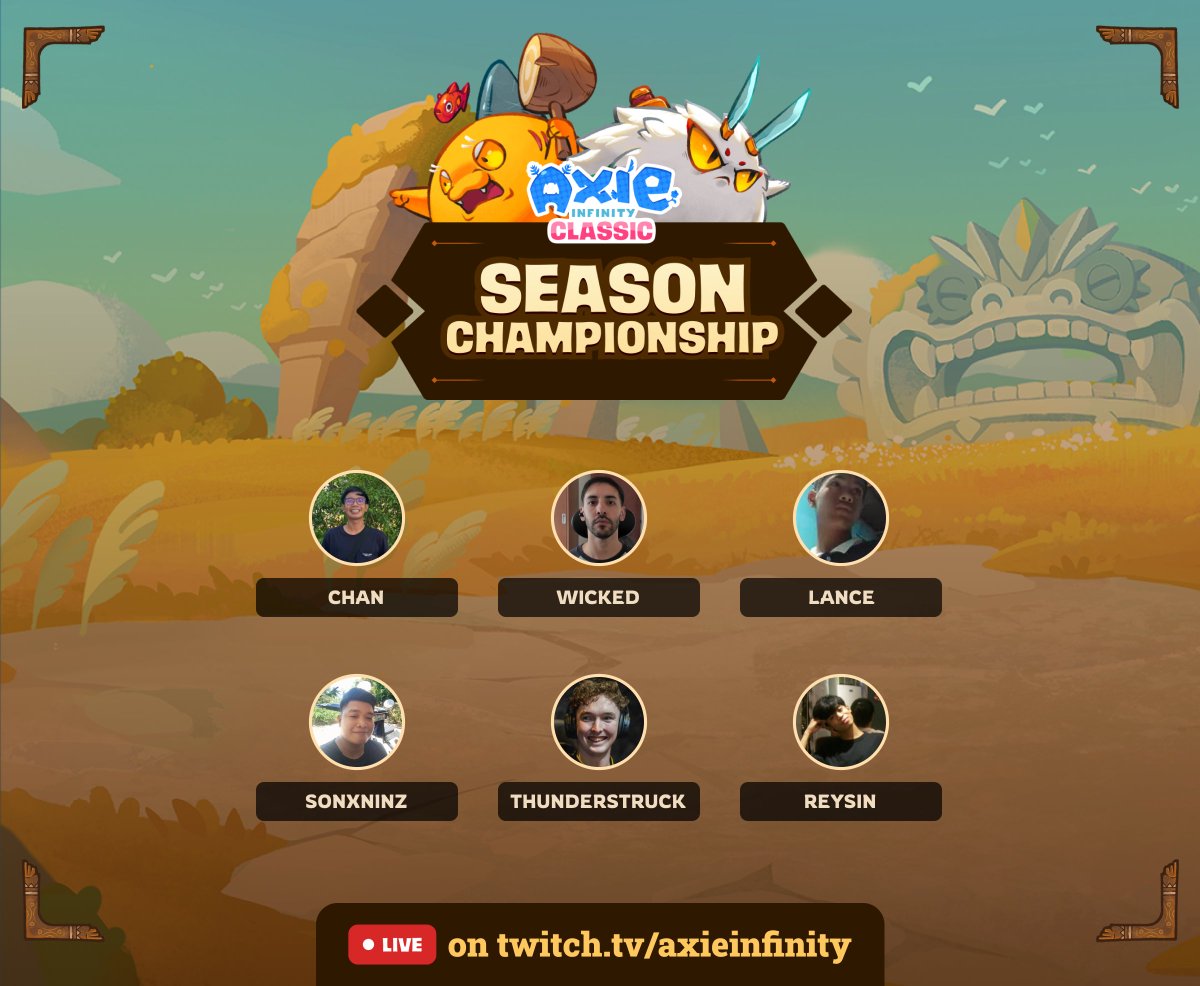 AxieInfinity's tweet image. The Classic Season Championship is LIVE!

The final Top 6 players are giving it their all for 3,000 AXS and a ticket to the World Cup! 🏆

Who will claim the title of Season 11 Champion? 👑

Tune in now and catch every epic moment! 👇

📺 Where to Watch:

- Twitch:…