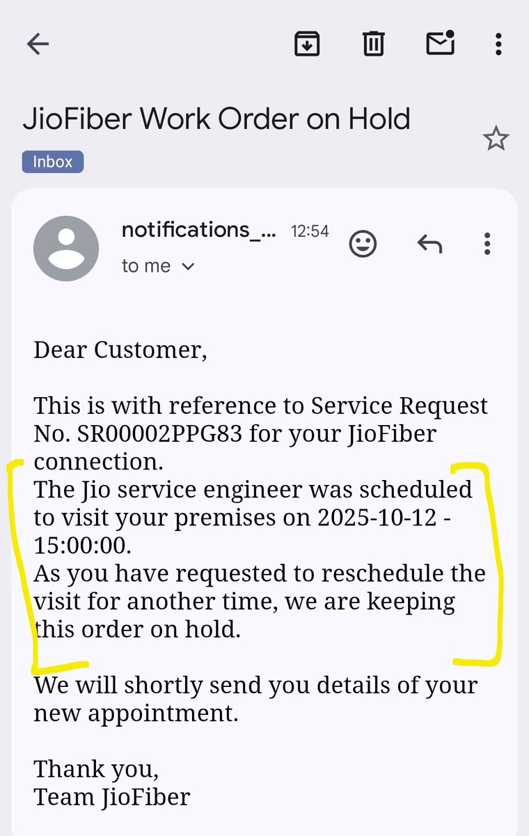 AshwaryaAg's tweet photo. @JioCare 1. Technician did not come as per the scheduled time.
2. I did not put any request to re-schedule the visit.
@reliancejio @airtelindia 
#JioFiber 
#badservice https://t.co/K9rHv14CxN