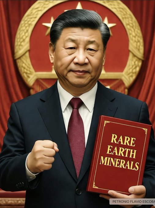 Xi Jinping stands in a formal suit with a red tie holding a red book titled Rare Earth Minerals in front of a large emblem featuring stars on a red background with gold accents.