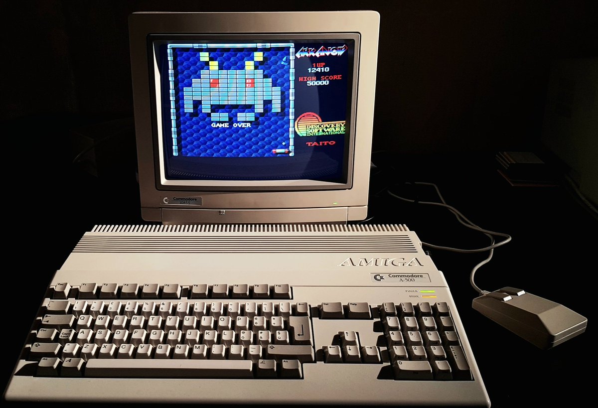 Timeless classic: Arkanoid, Amiga.

Photo shot from my studio.
Real stuff not emulation: CRT scanlines only, genuine hardware and software, loading from floppies.
Re-creating the same gaming conditions as back then. That's my philosophy.