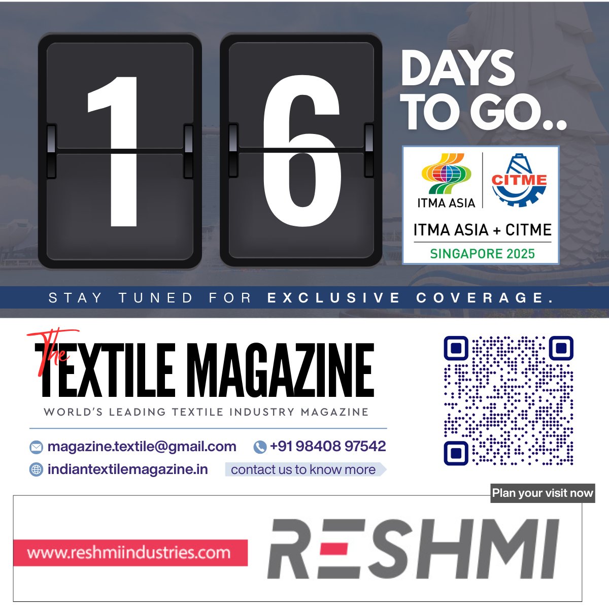 MagazineTextile's tweet photo. 16 Days to Go! โณ
Reshmi unveils the ULTIFLEX A-DAW โ next-gen Precision Assembly Winder with Dynaflex tech & Autodoff for top quality & efficiency. Made in India, for the world.
๐ Visit Stall H4-A301
#ReshmiIndustries #ITMAAsia2025 #CITME2025 #TheTextileMagazine https://t.co/S45fPHGwCe
