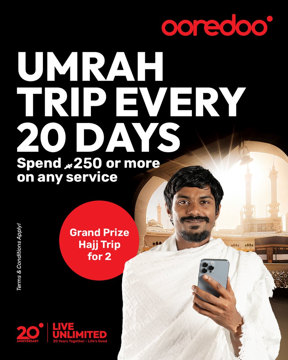 ✨ Win an Umrah Trip Every 20 Days!

Spend just MVR 250 or more on any Ooredoo service and stand a chance to win an Umrah Trip every 20 days! 🕋

And that’s not all — one lucky winner will receive the grand prize: a Hajj Trip for 2.

#20for20years #LiveUnlimited #DhivehinaaiEku
