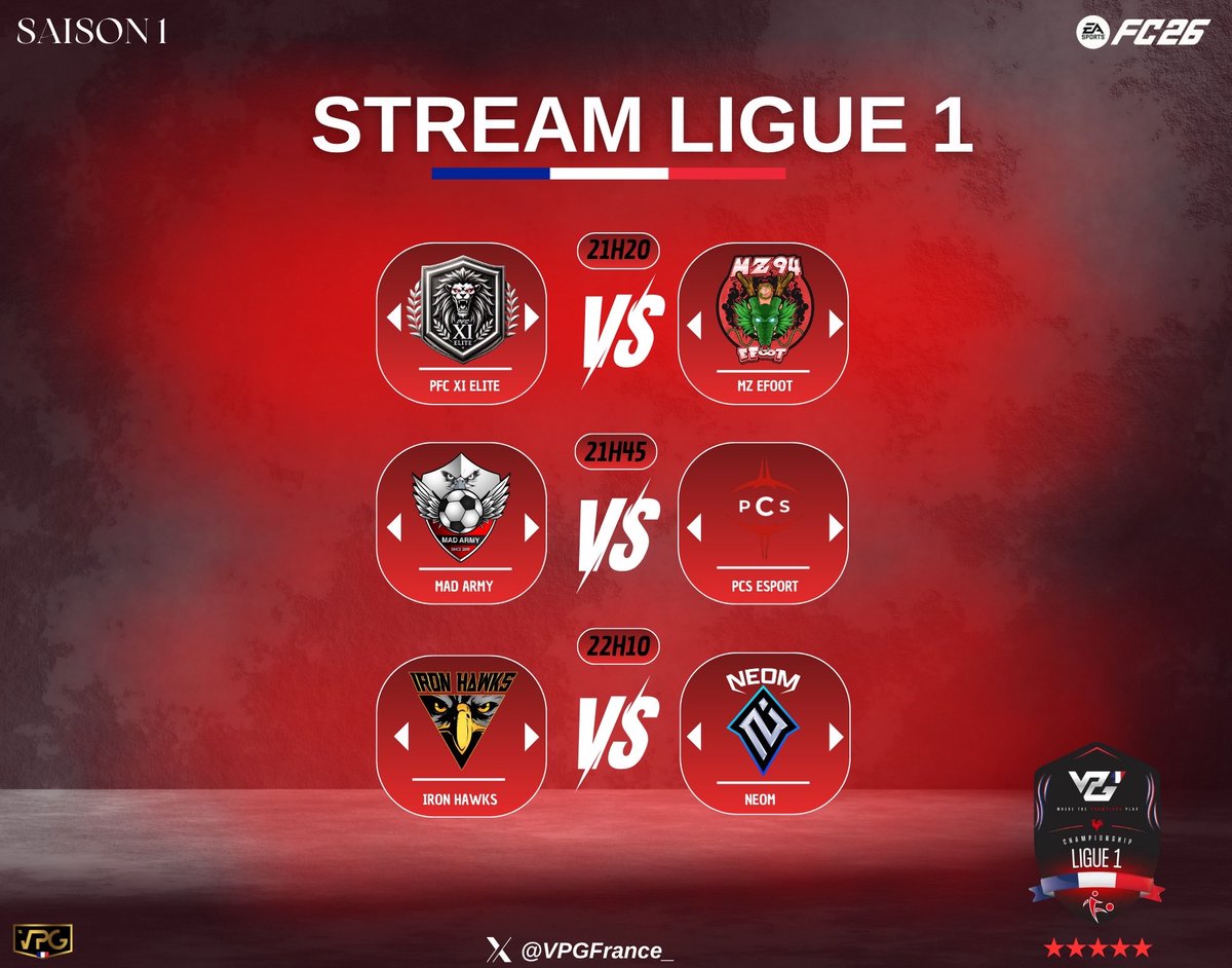 🎙️ VPG France
📊 Ligue 1
📆 Lundi 13 Octobre

<a href="/gramildinho/">Gramildinho</a> castera les matchs de Ligue 1 tout les lundi !
Et ça commence dès le premier soir de compétition VPG France !

Hate de voir les résultats de ces 3 confrontations !

Le stream aura lieu sur sa chaine twitch :