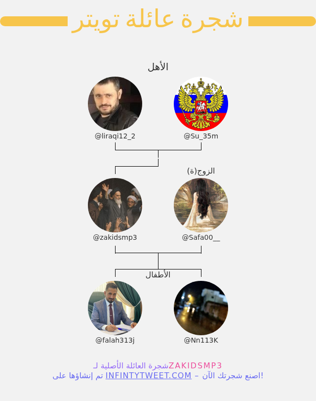 👨‍👩‍👧‍👦 أسرتي على تويتر:
👫 الأهل: <a href="/liraqi12_2/">عراقي</a> <a href="/Su_35m/">اخبار روسيا الاتحادية</a>
👰 الزوج(ة): <a href="/Safa00__/">Safa✨️</a>
👶 الأطفال: <a href="/falah313j/">falah313</a> <a href="/Nn113K/">نـاصـر🕸</a>

⬅️ infintytweet.me/family-tree?la…