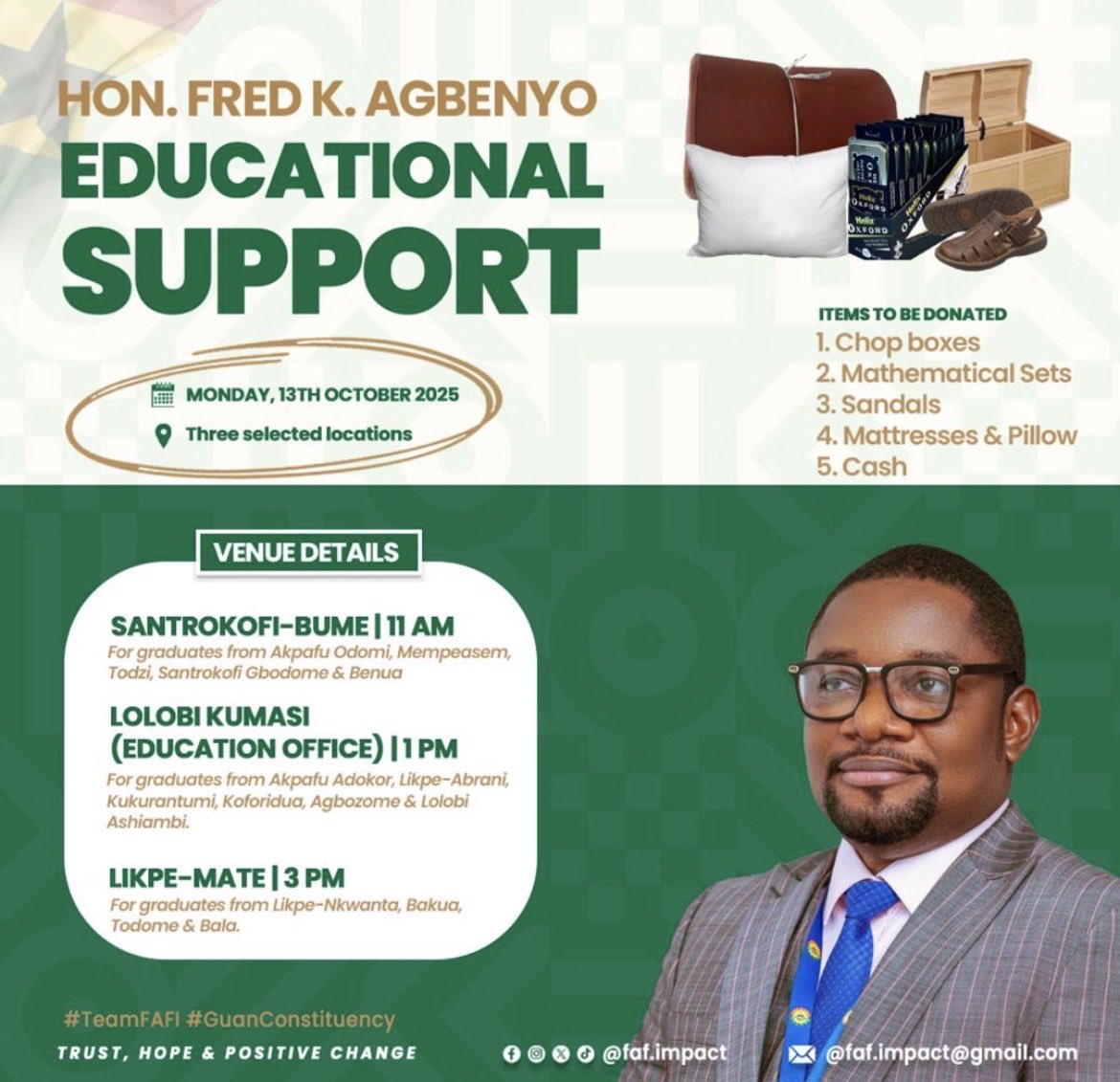 KwesiAgbenyo's tweet photo. As part of my continued commitment to investing in the future of our young people, I will be presenting essential educational materials, relief items and cash support to our recently graduated basic school students who are preparing to begin their SHS journey across the constituency.