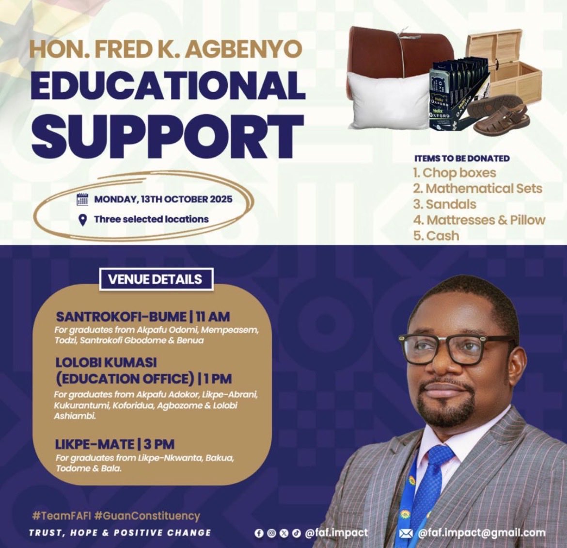 KwesiAgbenyo's tweet photo. As part of my continued commitment to investing in the future of our young people, I will be presenting essential educational materials, relief items and cash support to our recently graduated basic school students who are preparing to begin their SHS journey across the constituency.