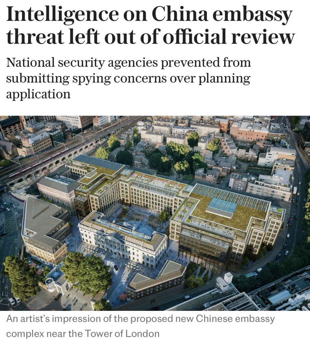 Codeym369's tweet image. Intelligence on China embassy threat left out of official review — British intelligence agencies were prevented from directly submitting spying concerns about the proposed Chinese super-embassy in London — The embassy, which would be China’s largest in Europe, has prompted…