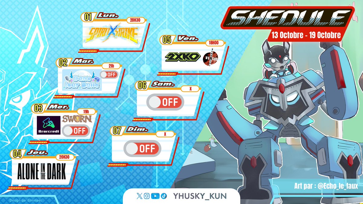 𝗣𝗟𝗔𝗡𝗡𝗜𝗡𝗚 DU 🅵🆄🆃🆄🆁

-Lundi: Spirit X Strike👊20h30
-Mardi:[OFF] Dans leur bulle🫧 chez <a href="/LulufaeVt/">Lunafae Sylwen</a> 21h
-Mercredi:[OFF] Brorcredi sur SWORN🏆19h
-Jeudi:Alone in the Dark🏚️20h30
-Vendredi:𝕍𝕖𝕟𝕕𝕣𝕖𝕕𝕚 𝕕𝕦 𝕍𝕖𝕣𝕤𝕦𝕤 2XKO✖️18h (pour de vrai cette fois