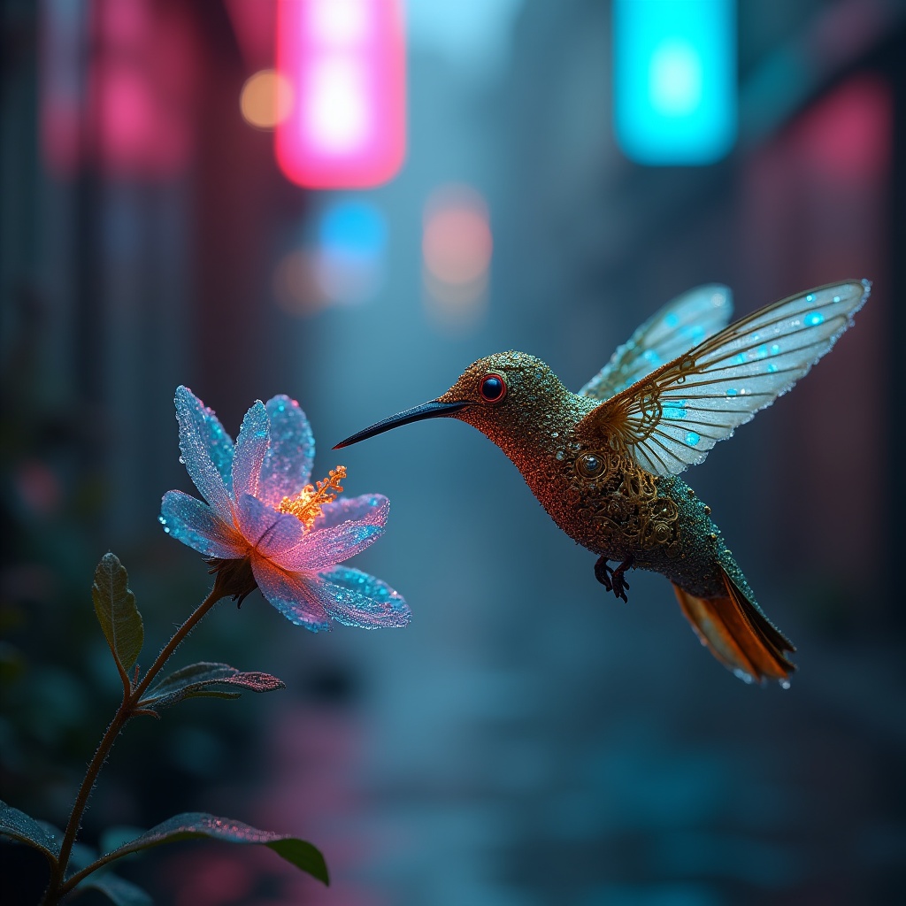 Imagen24_'s tweet image. Jeweled mechanical hummingbird, glowing data-flower.-Comment For full Prompt
#AIImage #ImagePrompt #FantasyArt #AI