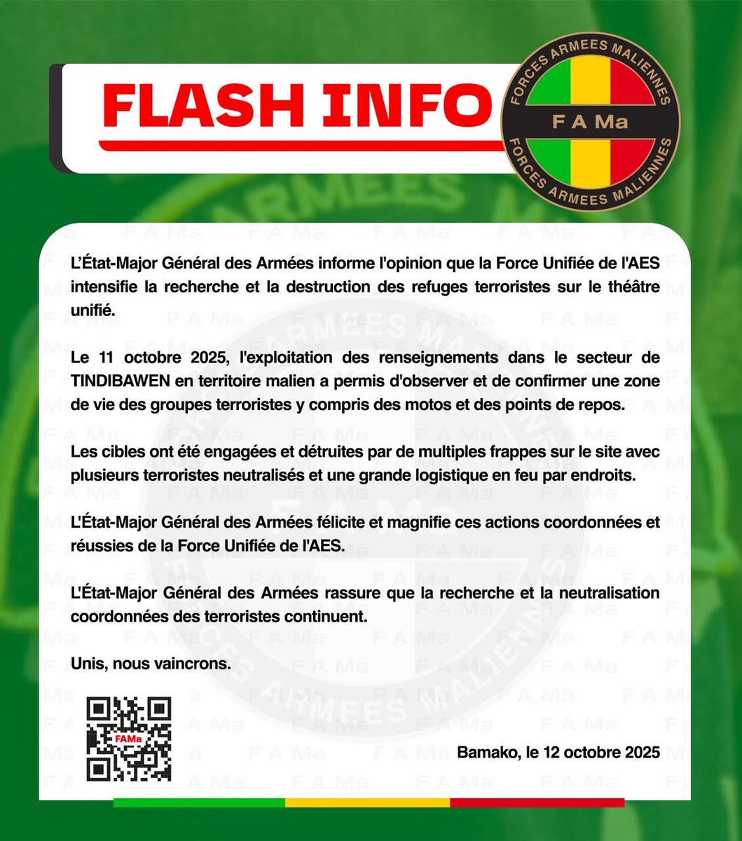 MaliTransition's tweet image. 🚨🇲🇱#FlashInfo
L’Etat-Major Général des Armées informe l’opinion que la Force Unifiée de l’AES intensifie la recherche et la destruction des refuges terroristes sur le théâtre unifié.