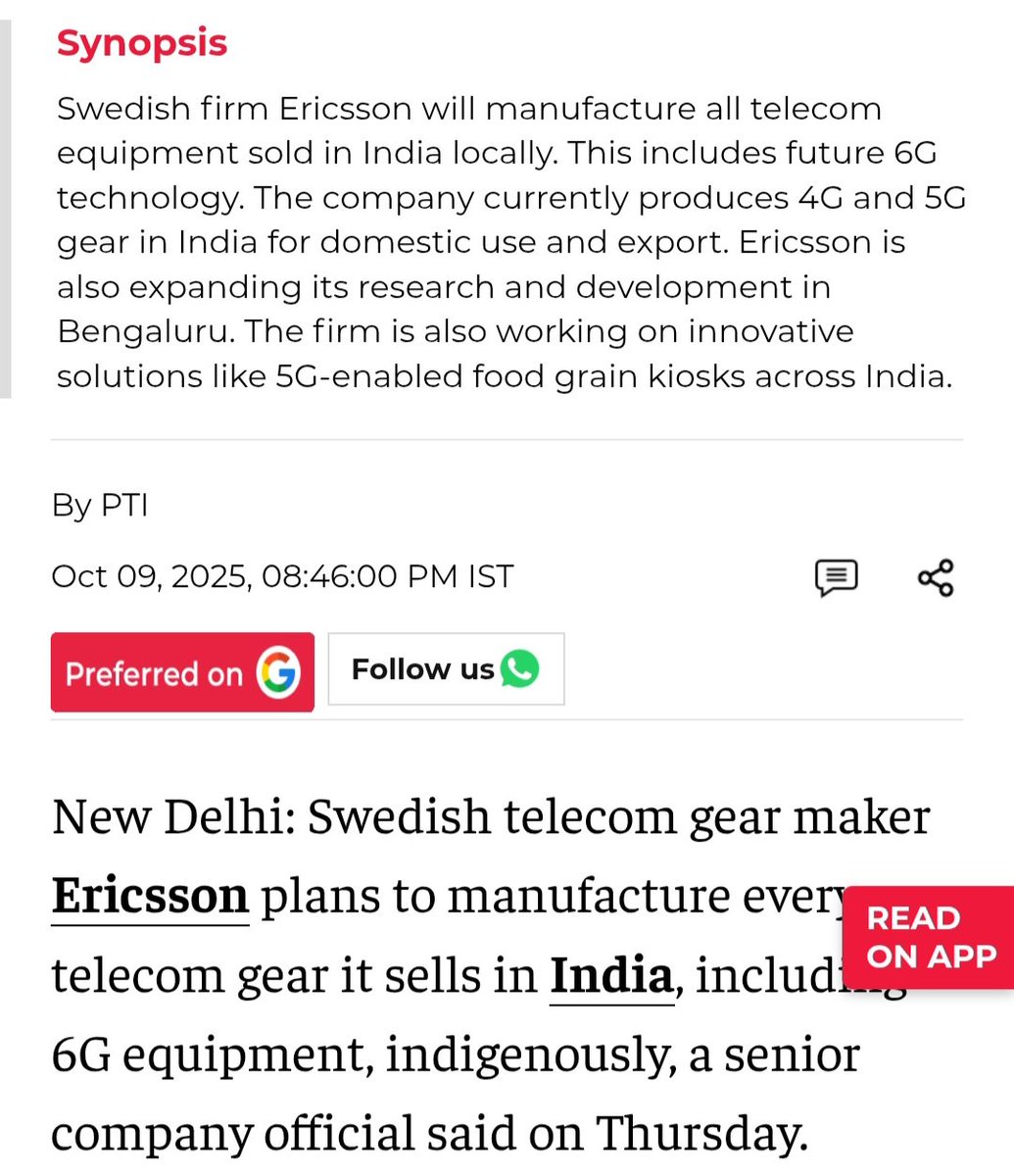 Telecom equipments manufacturing is booming with india 
After investments by Nokia and pegatron 
Another telecom giant Ericsson has committed to manufacture in india 
Company will manufacture all equipments for domestic use  including future 6G technology. The company currently
