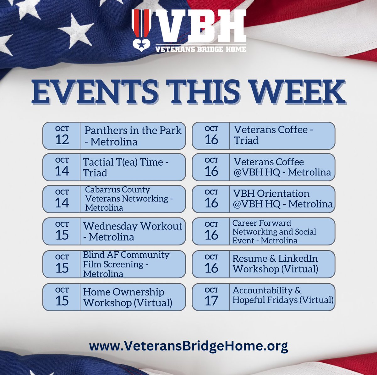 Veterans Bridge Home (@vetbridgehome) on Twitter photo 📅 Upcoming Veteran Events – Let’s Connect This Week!
Veterans Bridge Home is excited to support a full week of events designed to connect, empower, and uplift our veteran community.
From coffee meetups to financial workshops, group workouts to networking mixers, there are 📅 Upcoming Veteran Events – Let’s Connect This Week!
Veterans Bridge Home is excited to support a full week of events designed to connect, empower, and uplift our veteran community.
From coffee meetups to financial workshops, group workouts to networking mixers, there are