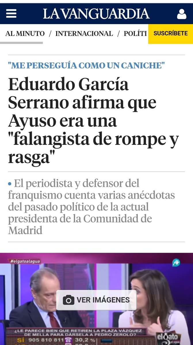 📢No tenéis claro quién lleva la Comunidad de Madrid. 
🗣"Es una falangista furibunda", insistió el periodista. "Me perseguía por los pasillos como un caniche para que yo le hablase de José Antonio (Primo de Rivera), le hablase de Ramiro (Ledesma), le hablase de Eugenio Montes⬇️