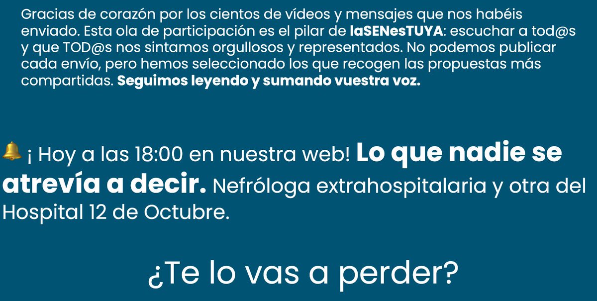 LaSENestuya
📣📣 hoy a las 18h en nuestra web, lo que nadie se atrevía a decir
lasenestuya.es

<a href="/SENefrologia/">S.E.N. Nefrología</a> <a href="/FundacionRenalE/">Fundación Renal Española</a> <a href="/SOMANEorg/">Sociedad Madrileña de Nefrología (SOMANE)</a> <a href="/nefrocat/">Societat Catalana de Nefrologia</a> <a href="/nefrosan/">Sociedad Andaluza de Nefrología</a> <a href="/SOCIEDADARAGON1/">SOCIEDAD ARAGONESA NEFROLOGIA</a> <a href="/SociedadBalear/">Sociedad Balear</a> <a href="/SCNefrologia/">SOCIEDAD CANARIA DE NEFROLOGIA</a> <a href="/SCALN2022/">SCALN</a> <a href="/SOCAMANE2/">SOCAMANE</a> @SenefEXT <a href="/NefroGalicia/">Sociedad Gallega de Nefrología - SGAN</a> <a href="/SOMUNEorg/">Sociedad Murciana de Nefrología (SOMUNE)</a> <a href="/SVNefro/">Sociedad Valenciana de Nefrología</a>