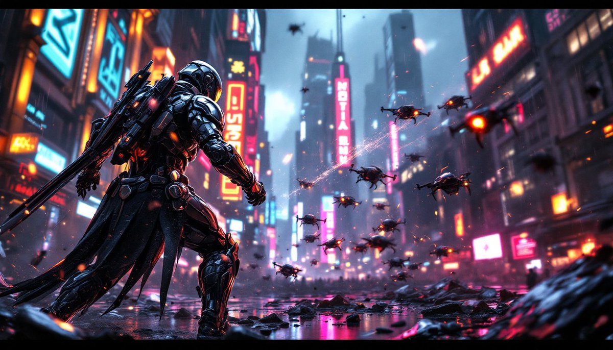 PromptSin's tweet image. Fight for the future in a neon-lit battleground! ⚔️🚁 Embrace the chaos! #Cyberpunk #FutureNow