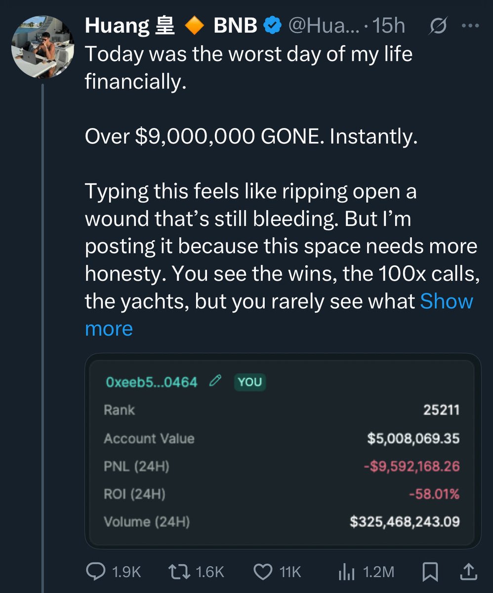 Eyaaaad's tweet photo. يوم 9 أكتوبر أعلنت الصين عن قيود شاملة على تصدير المعادن النادرة وهو قرار قوي للغاية تداعياته ستكون على الاقتصاد العالمي وسيضرب في عمق الاقتصاد الأمريكي.

غضب ترامب بشدة وأعلن بدوره عن زيادات جنونية في التعريفات الجمركية ضد الصين.

هذا كله تسبب في انهيار العملات الرقمية
ملايين الأشخاص حول العالم خسروا ثرواتهم
بعضهم انتحر وآخرون قرروا ترك هذا المجال للأبد

في الصور نبذة عن كل شخص والملايين التي خسرها
أحدهم خسر 9.6 مليون دولار (36 مليون ريال).