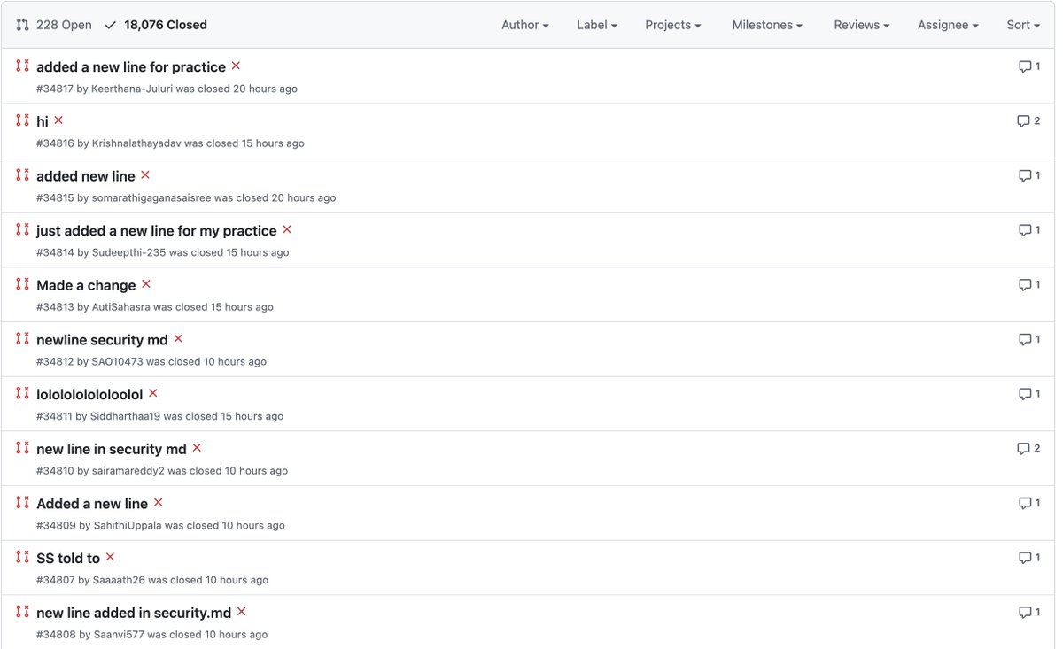 hellonehha's tweet image. this is ReactJS GitHub repo.
Check all the PRs , check the creators.
We have polluted "open source". Apparently, OS as per these future devs is THIS.
In today's time of free resources - chatGPT, YouTube, Udemy, meetups , etc. If these kids literally don't know when to raise a…
