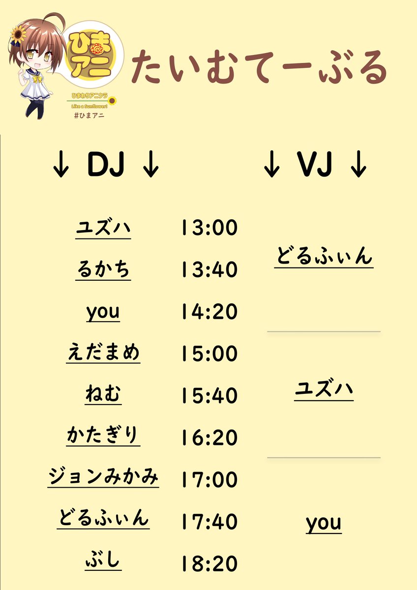🌻告知🌻
[TwiPla] 10/19(日）第18回ひまわりアニクラ #ひまアニ

🗓10/19（日）13:00start
🕋仙台CLUB SHAFT
💴2600円（1D込み）
🔗 twipla.jp/events/693717

タイムテーブル公開です！是非遊びに来てください🎉