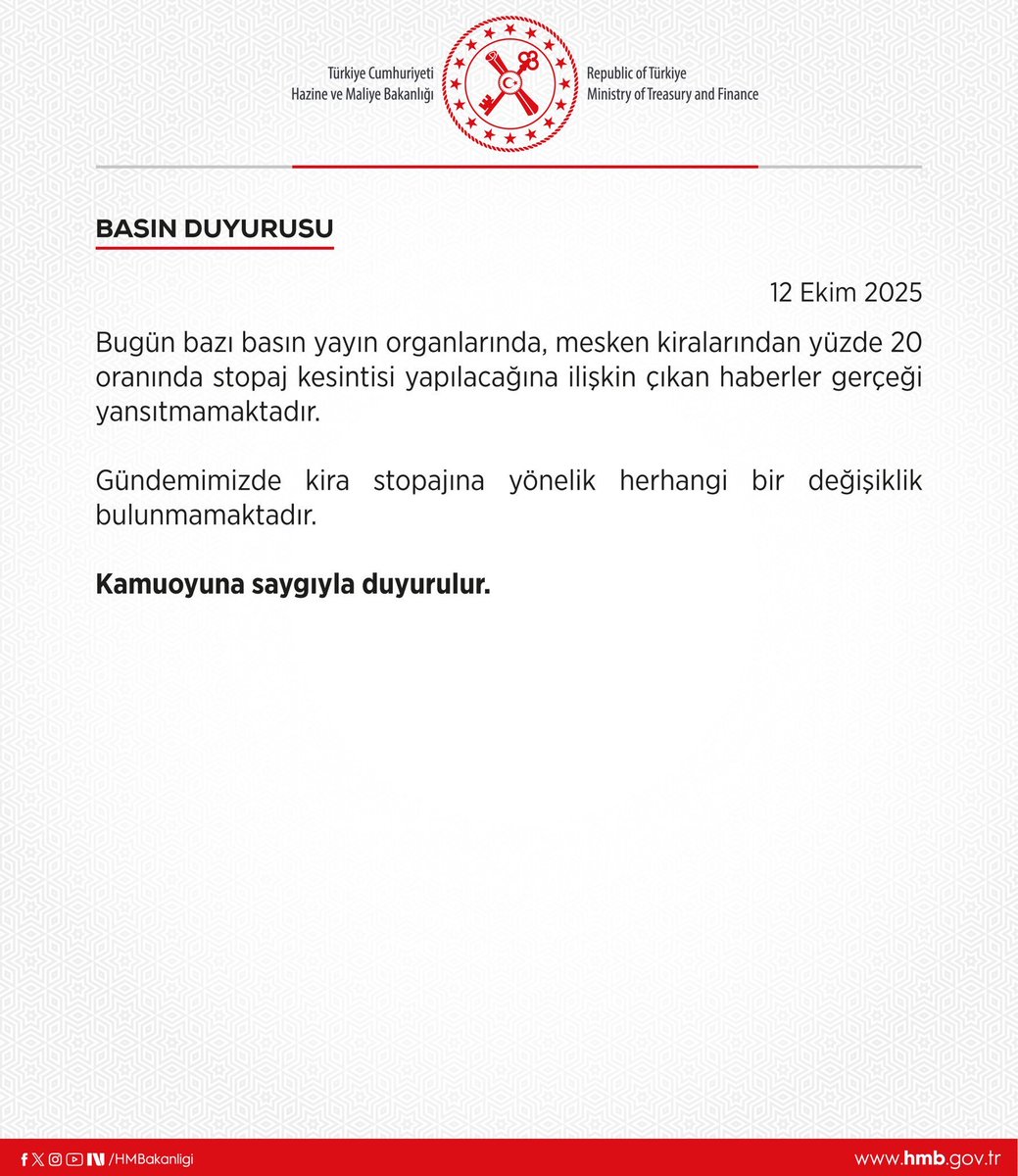 Bazı basın yayın organlarında çıkan "Mesken kiralarından %20 oranında stopaj kesintisi" yapılacağı yönündeki haberler, Hazine ve Maliye Bakanlığının basın duyurusu ile yalanlandı.