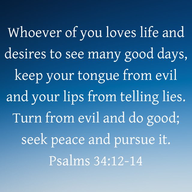 “Whoever of you loves life and desires to see many good days, keep your tongue from evil and your lips from telling lies. Turn from evil and do good; seek peace and pursue it.”
Psalms 34:12-14 NIV