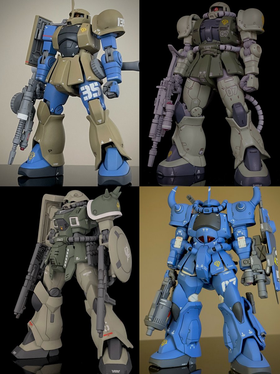 #三連休はフォロワーさんが増えるらしい

フォローは気が向いたらで結構ですので、ちょっと見てってくださいな😭

時計回りに...
・ザクⅡ（A型）
・グフ（ヴィッシュ機）
・量産型ifリート
・旧ザク