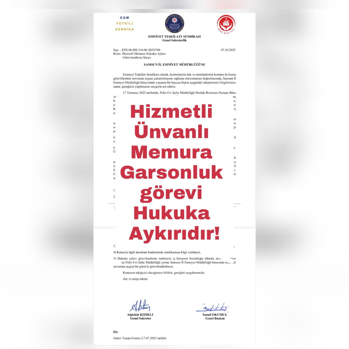 Emniyet Teşkilatı Sendikası'ndan Samsun İl Emniyet Müdürlüğü'ne Çağrı

Polis Evi Şube Müdürlüğü'nde hizmetli ünvanlı 657 sayılı kanuna tabi memura, 657 sayılı DMK Madde 36, 88, 28 ve Anayasa Madde 10’a aykırı şekilde garsonluk görevleri (sipariş alma, servis yapma, ödeme toplama)