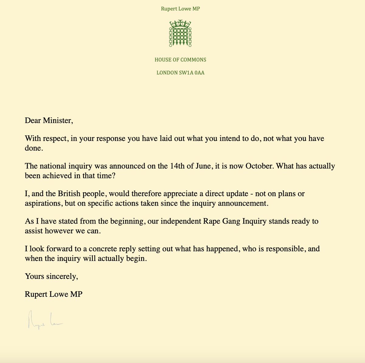 RupertLowe10's tweet image. I&apos;ve written to Jess Phillips requesting concrete information on what has actually been achieved since their inquiry announcement in June.

Not what they hope to do, but what has been done in the four months.

I am becoming increasingly concerned at the lack of any movement.