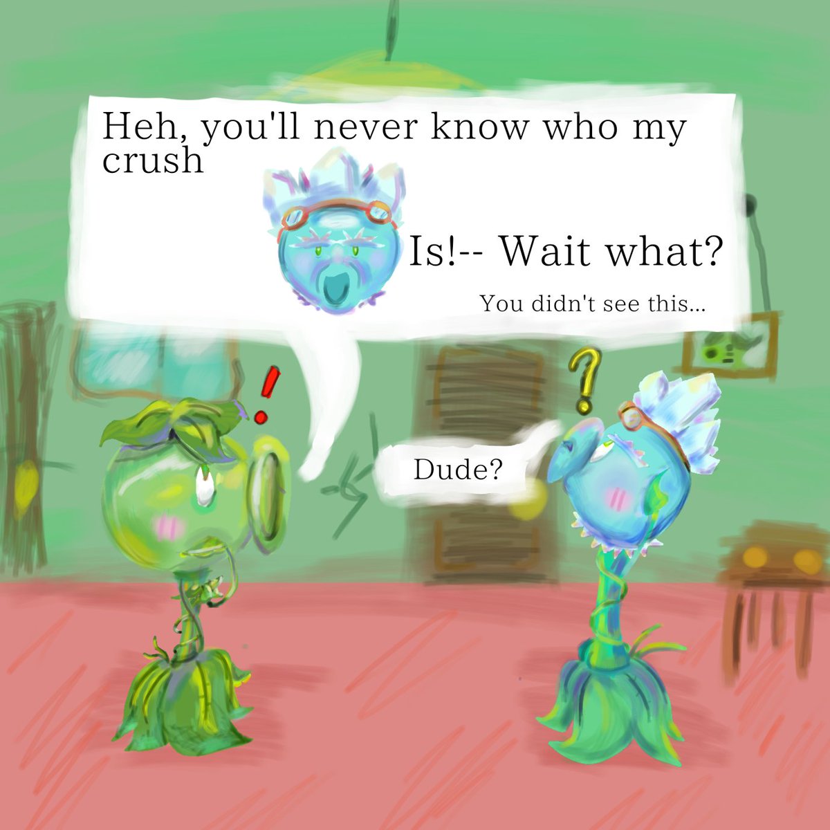 PoisonnShroom's tweet image. Textbox Shenanigans 

(Based off a deltarune trend)

#ship #shipart #pvz #oc #trend