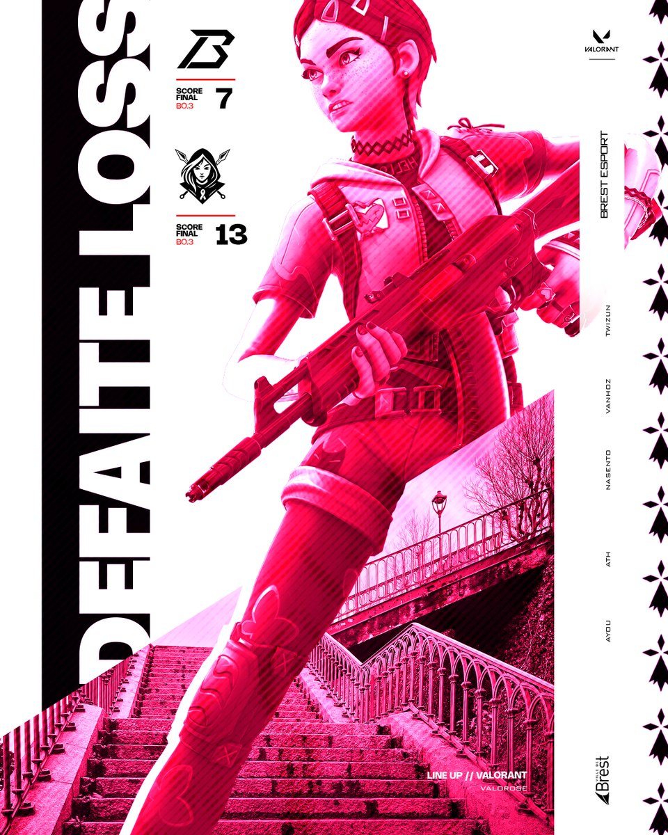 Défaite face à <a href="/Out_of_Fame/">Out of Fame</a> avec un score de 13-7 ! 

Un match compliqué, mais l’important reste de se battre pour la bonne cause 🩷

On continue l’aventure #Valorose avec le cinquième match à venir contre : <a href="/Striking_Storm/">Striking Storm</a> ! 💪

📺 Live  : twitch.tv/brest_esport

💖 Faites un