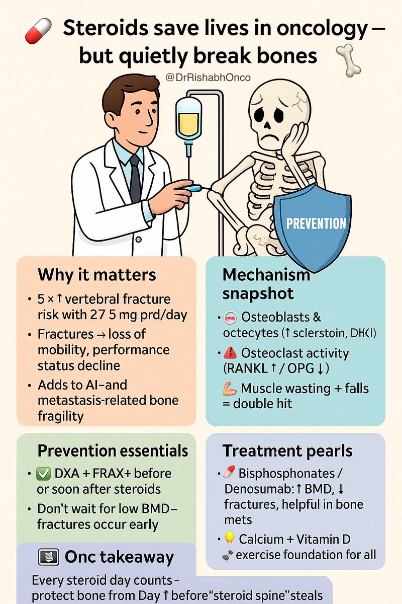 💊 Steroids save lives in oncology but quietly break bones 🦴

From chemo pre-meds to IO toxicity, glucocorticoids are everywhere.
But even “low-dose” steroids can silently cause osteoporosis &amp; fractures within months ⚠️

📉 Why it matters?
• 5× ↑ vertebral fracture risk with