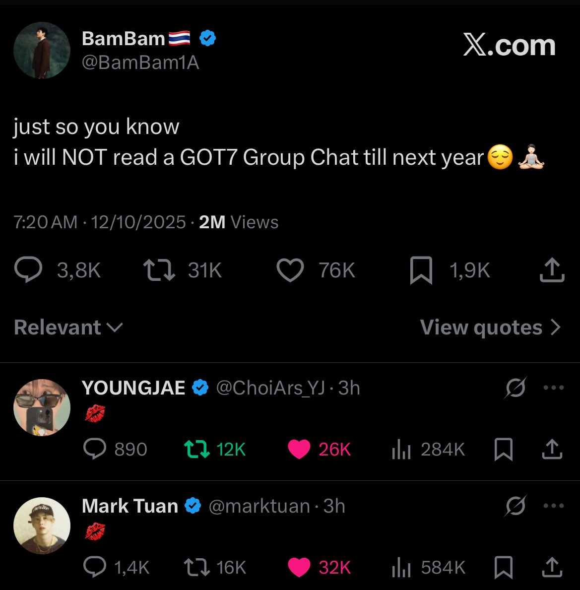 npomvtt's tweet image. 😆😆 NÃO TEM PRA ONDE CORRER: Bambam do GOT7 comentou sobre a reação dos seus membros à cena de beijo no MV de WONDERING:
"Só pra vocês saberem, eu não vou ler o grupo de mensagens do GOT7 até o ano que vem ☺️🧘♀️"
Respostas do Mark e do Youngjae no tweet: 💋💋