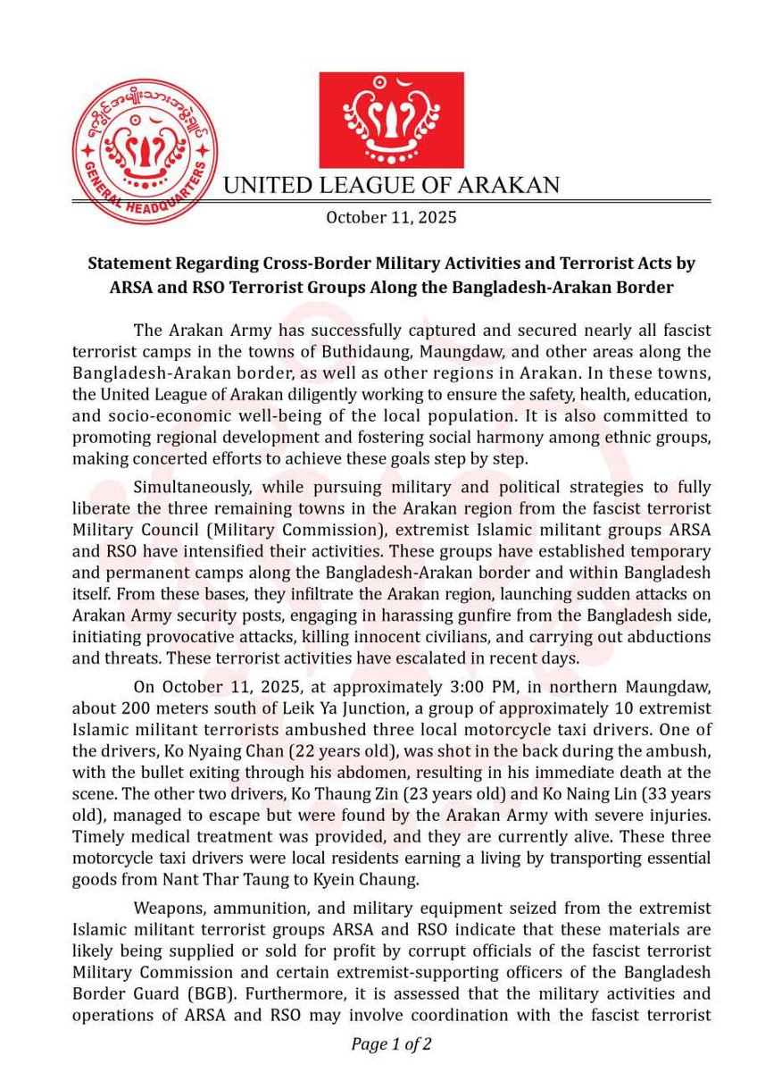 PaceViewer's tweet image. Statement Regarding Cross-border Military Activities and Terrorist Acts by ARSA and RSO Terrorist Groups Along the Bangladesh-Arakan Border 

October 11, 2025