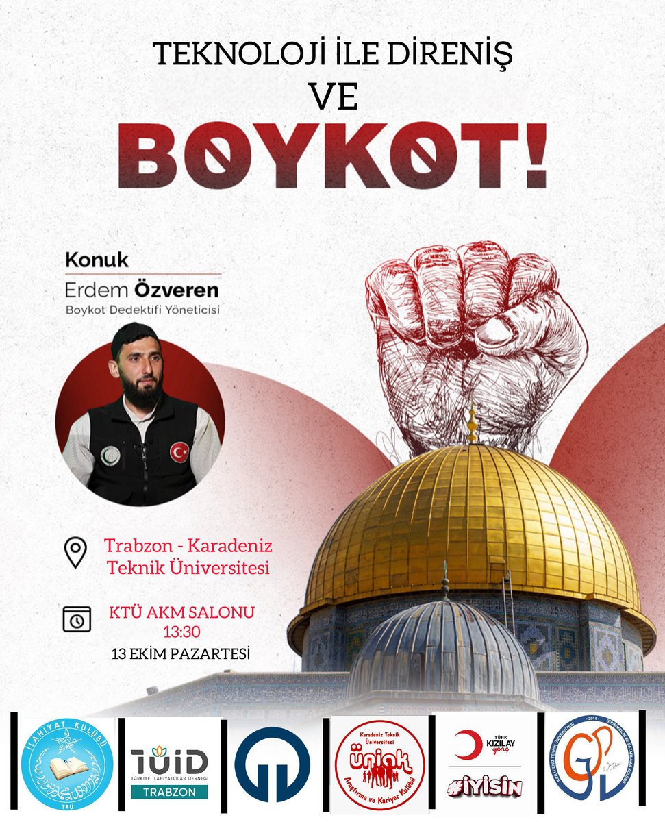 Yarın Saat 13:30 'da
Karadeniz Teknik Üniversitesinde
Trabzon'lu Kardeşlerimiz ile
BOYKOT 'u Konuşacağız 🇵🇸

Bekleriz...