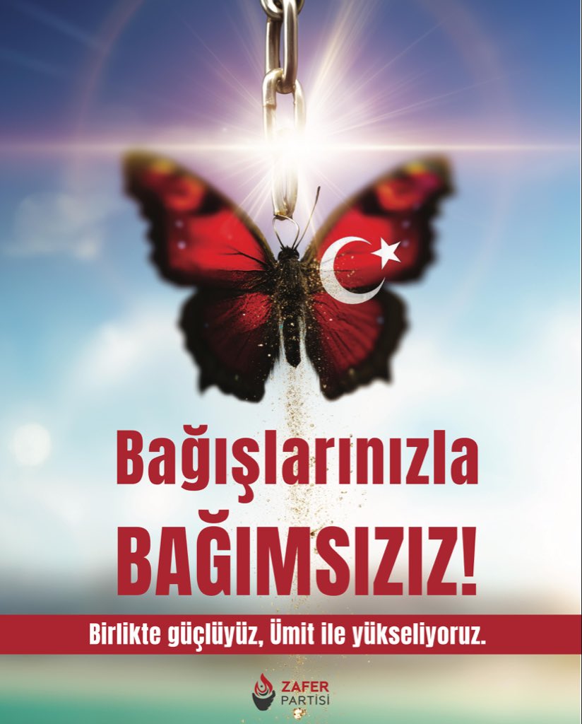 Zafer Partisi’nin arkasında sermaye grupları yok, halk var!
Her bağış, bağımsız, demokratik, üniter ve laik Türkiye mücadelesine omuz vermektir.
Zafer Partisi Türk milletin iradesidir.
*Destek ol, zaferi birlikte yazalım!*
*Banka:* Ziraat Bankası Balgat Şubesi
*Hesap Adı:* Zafer