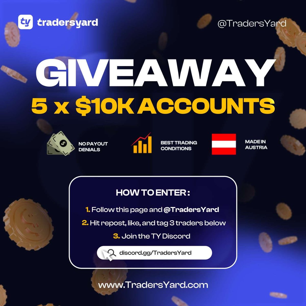 🚨 $50K GIVEAWAY 🚨 

To Celebrate The Launch Of <a href="/TradersYard/">TradersYard</a>’s New Swing Challenge We’re Giving Away 5 X $10K Accounts! 🦅 

1️⃣ Follow Me + <a href="/TradersYard/">TradersYard</a> + <a href="/561Renzo/">561RENZO</a> 
2️⃣ Like, Repost &amp; Tag 3 Traders 
3️⃣ Join Discord 👉  discord.gg/N9VPkeSyD

Winners Announced This Week 👑