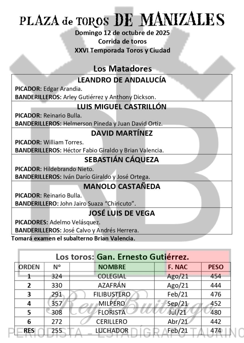 Sorteo y cuadrillas para la corrida con que finalizará la versión XXVI de Toros y Ciudad.