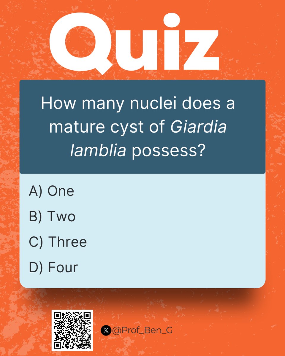 Prof_Ben_G's tweet image. Quiz of the week

Giardia cysts are the infective, environmentally resistant stage, key for transmission and diagnosis.
Drop your answers below!

#ParasiteWatch #Parasitology #QuizOfTheWeek #Giardia #Microbiology #GlobalHealth