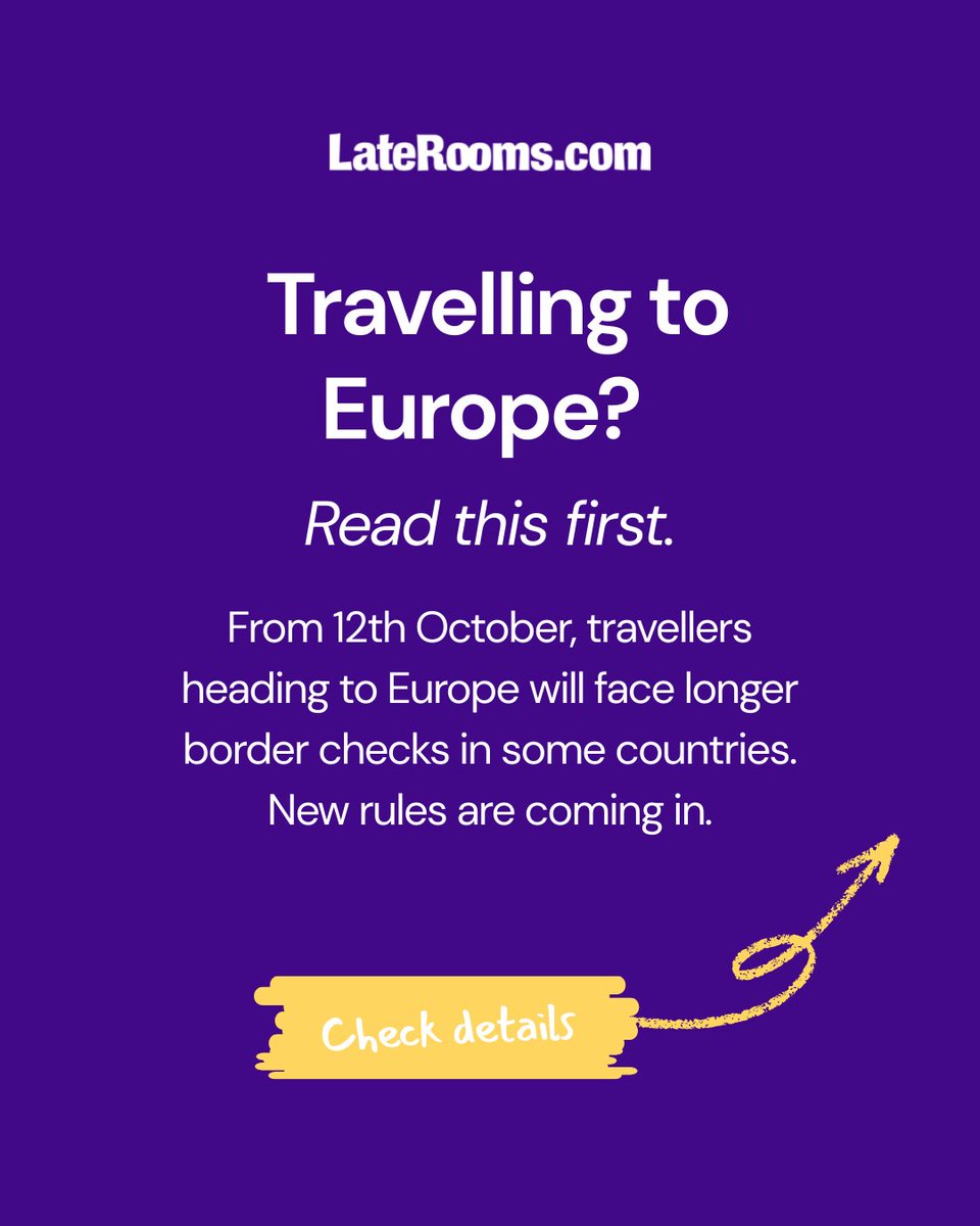 ✈️ Travelling to Europe after 12 Oct?
Expect longer border checks in some countries. A photo + fingerprint may be required.
Arrive early. Prepare. Share this with someone who's travelling to Europe soon. 
laterooms.com
#TravelUpdate #EuropeTips #AirportChecks #LateRooms