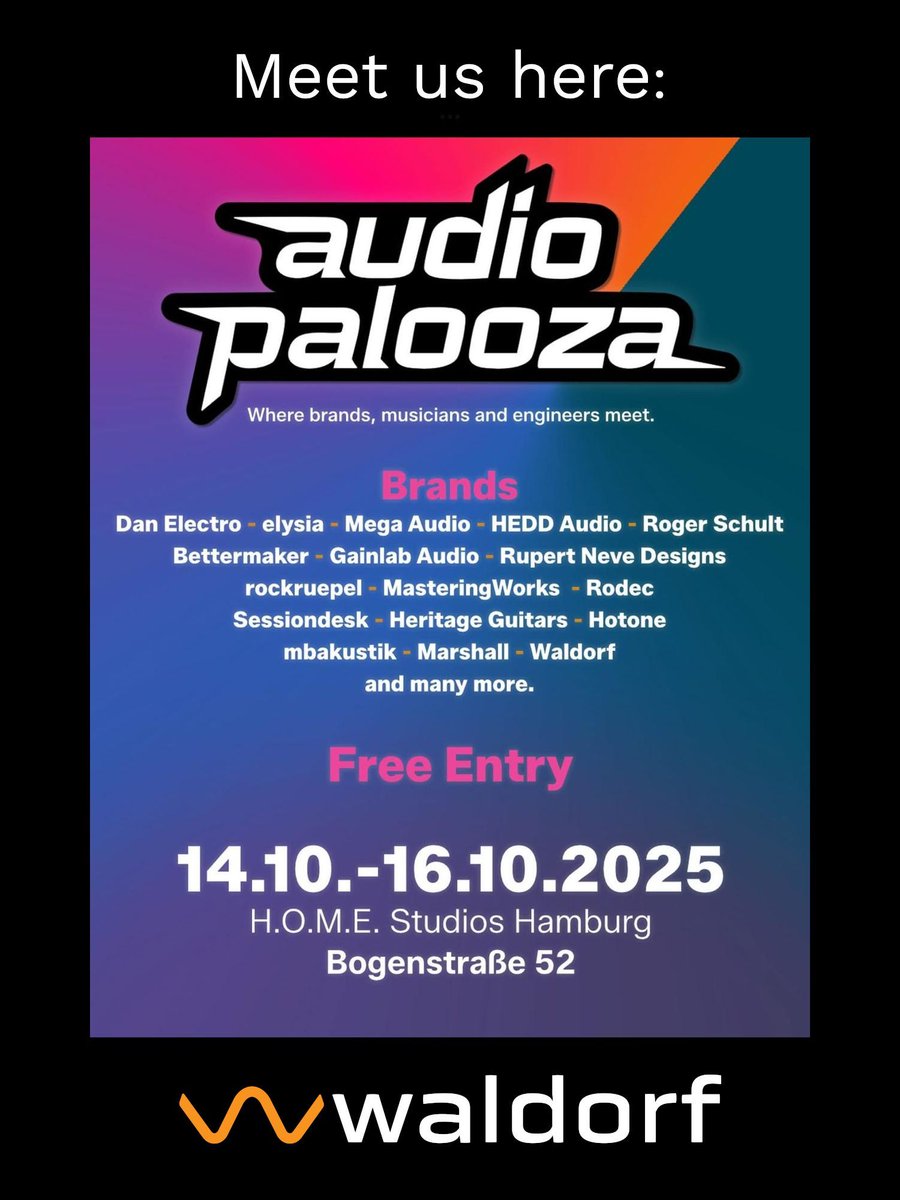 Meet us at Audiopalooza (@audiopalooza) (H.O.M.E Studios Hamburg, Germany)

eventbrite.de/o/audiopalooza…

#synthesizer #electronicmusic #iridium #waldorfiridium #iridiumsynth #iridiumsynthesizer #iridiumcore #music #waldorfmusic #studiosession #session #event #audio