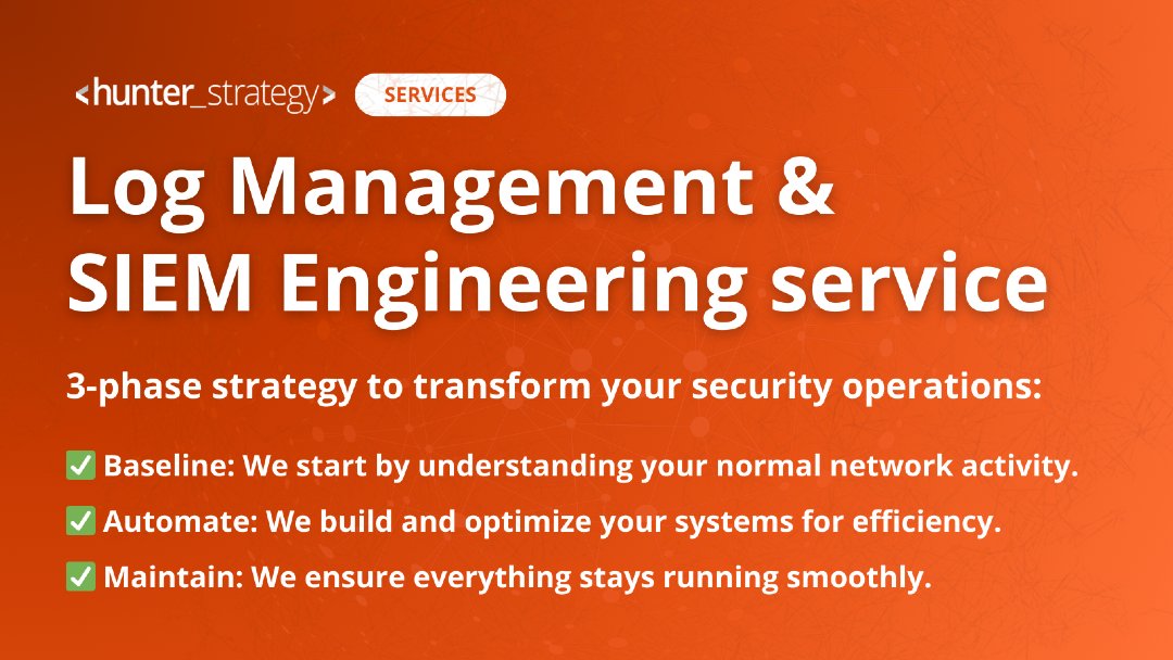 HunterStrategy 🇺🇦 (@hunterstrategy) on Twitter photo Drowning in security alerts?
It's time to stop the noise and find the real threats.
Our Log Management & SIEM Engineering service uses a 3-phase strategy to optimize your alerting for real threats, not false alarms.
Learn more: hunterstrategy.net/#/capabilities… Drowning in security alerts?
It's time to stop the noise and find the real threats.
Our Log Management & SIEM Engineering service uses a 3-phase strategy to optimize your alerting for real threats, not false alarms.
Learn more: hunterstrategy.net/#/capabilities…