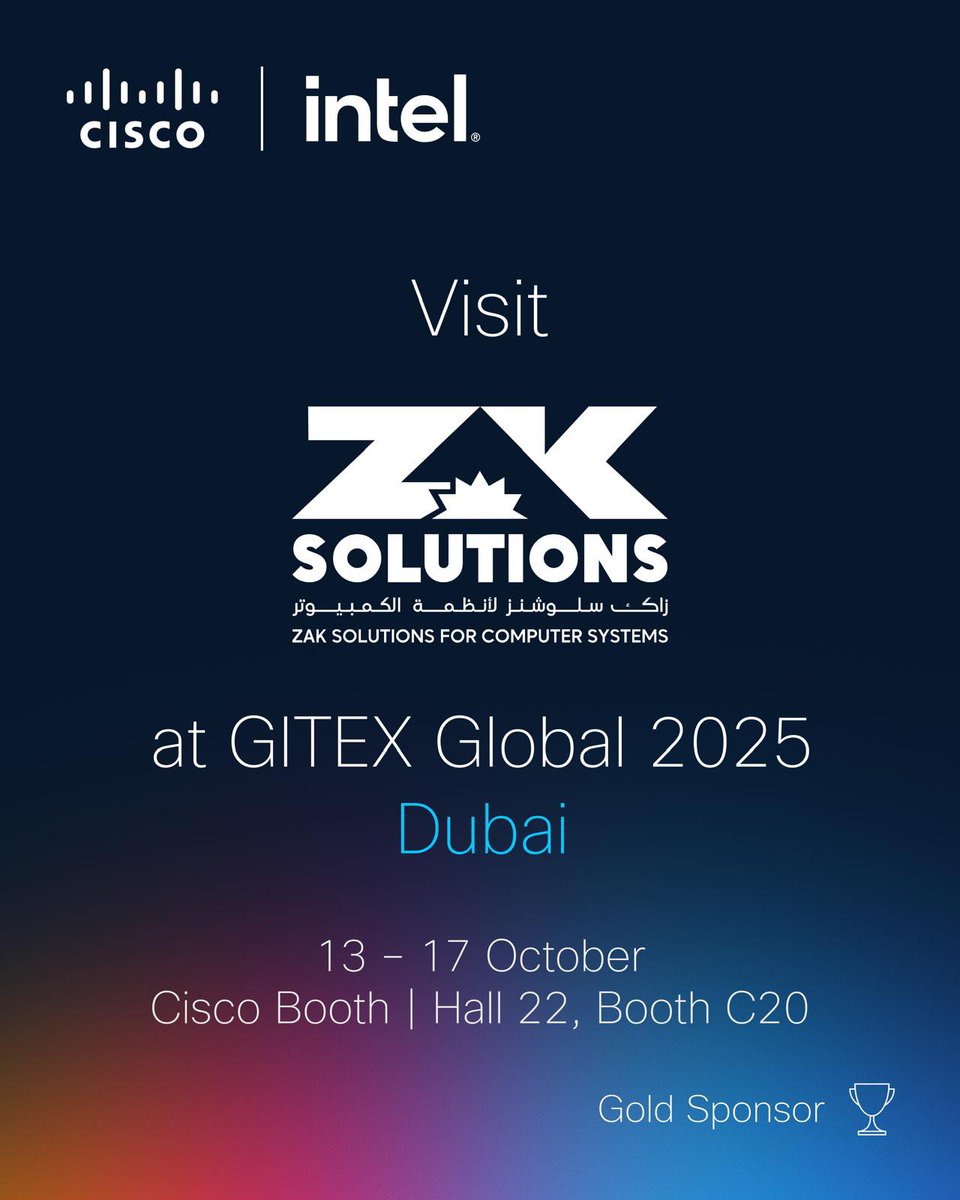 🚀 ZAK Solutions x <a href="/Cisco/">Cisco</a> at <a href="/GITEX_GLOBAL/">GITEX GLOBAL</a> 2025.
We’re spotlighting AI-powered transformation across industries:
🔹 Intelligent networking &amp; automation
🔹 AI-driven security &amp; real-time defense
Join us as we shape the future of digital transformation.
#ZAKSolutions #Cisco #AI