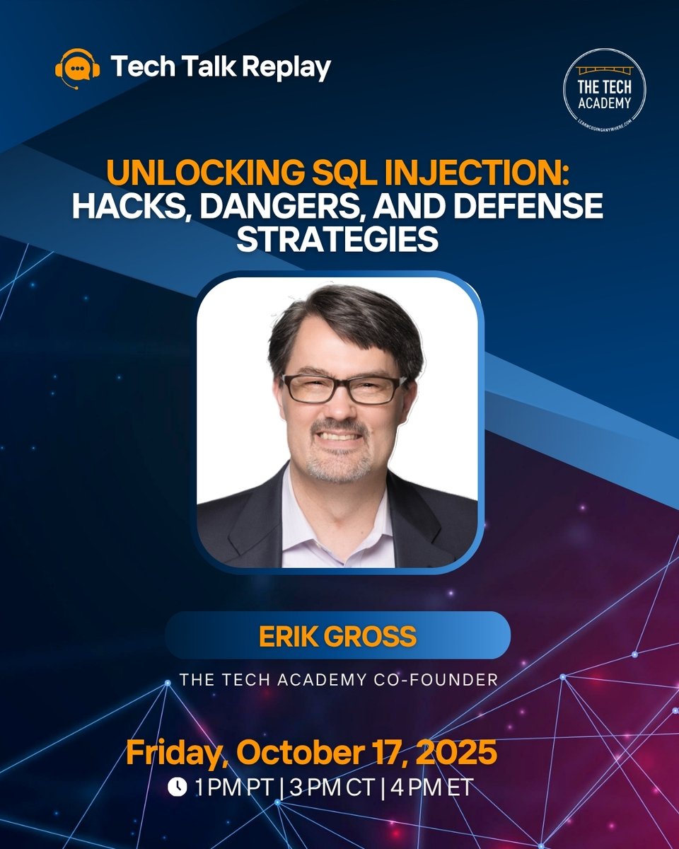 TheTechAcad's tweet image. This Friday, Oct 17, at 1 PM PT (3 CT / 4 ET), watch the replay of “Unlocking SQL Injection: Hacks, Dangers & Defense Strategies” with Erik Gross, Co-Founder of The Tech Academy.
Don’t miss it 👉 bit.ly/3J3luvn
#techtalk #thetechacademy #onlinecodingbootcamp #techjob