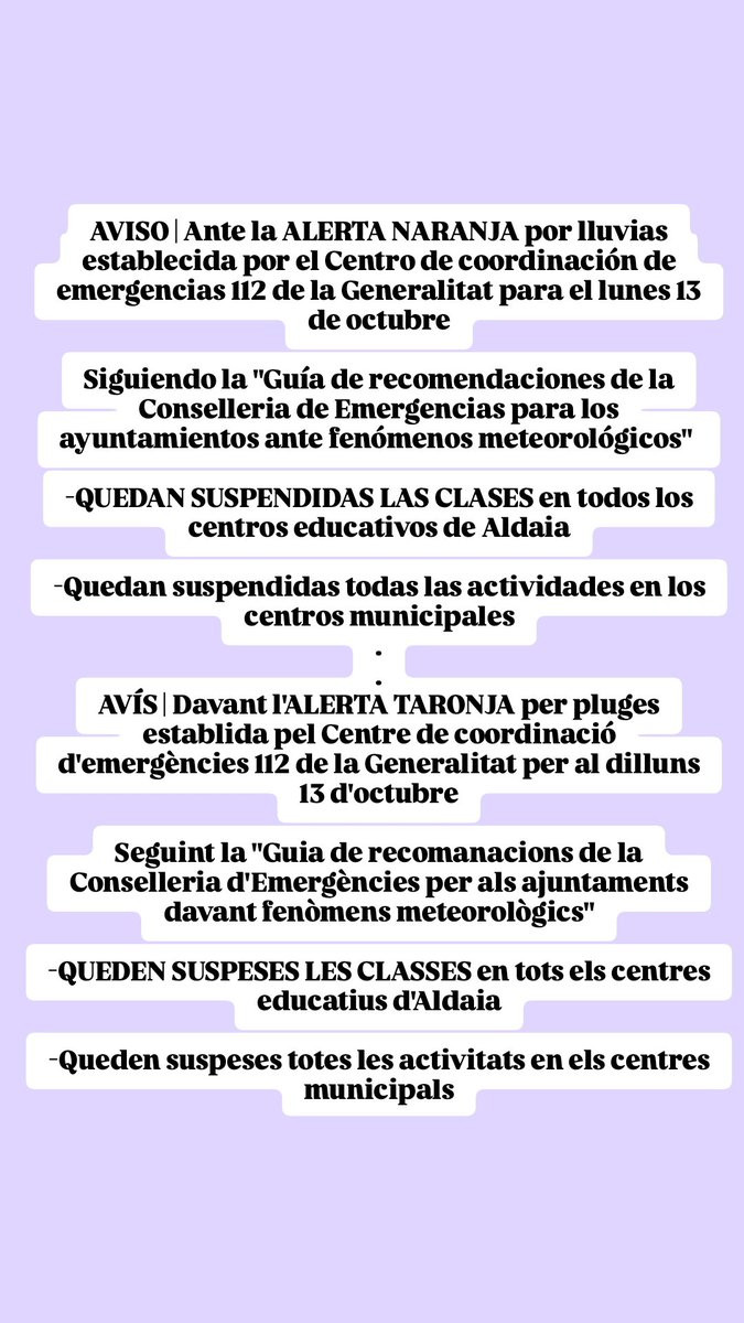 Ajuntaldaia's tweet image. Davant l'ALERTA TARONJA establida per @GVA112 per al dilluns 13 d'octubre

Seguint la "Guia de recomanacions de la Conselleria d'Emergències per als ajuntaments"

-QUEDEN SUSPESES LES #CLASSES en tots els centres educatius d'#Aldaia i les activitats en els centres municipals
