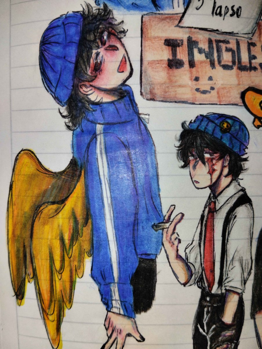 estaba revisando mis cosas viejas y consegui la portada que hice en mi cuaderno de ingles en 2023, antes de graduarme del colegio😭🙏 
no puedo creer que genuinamente dibujaba asi, pero que risa es saber que queria incluir a quackity en todo ...