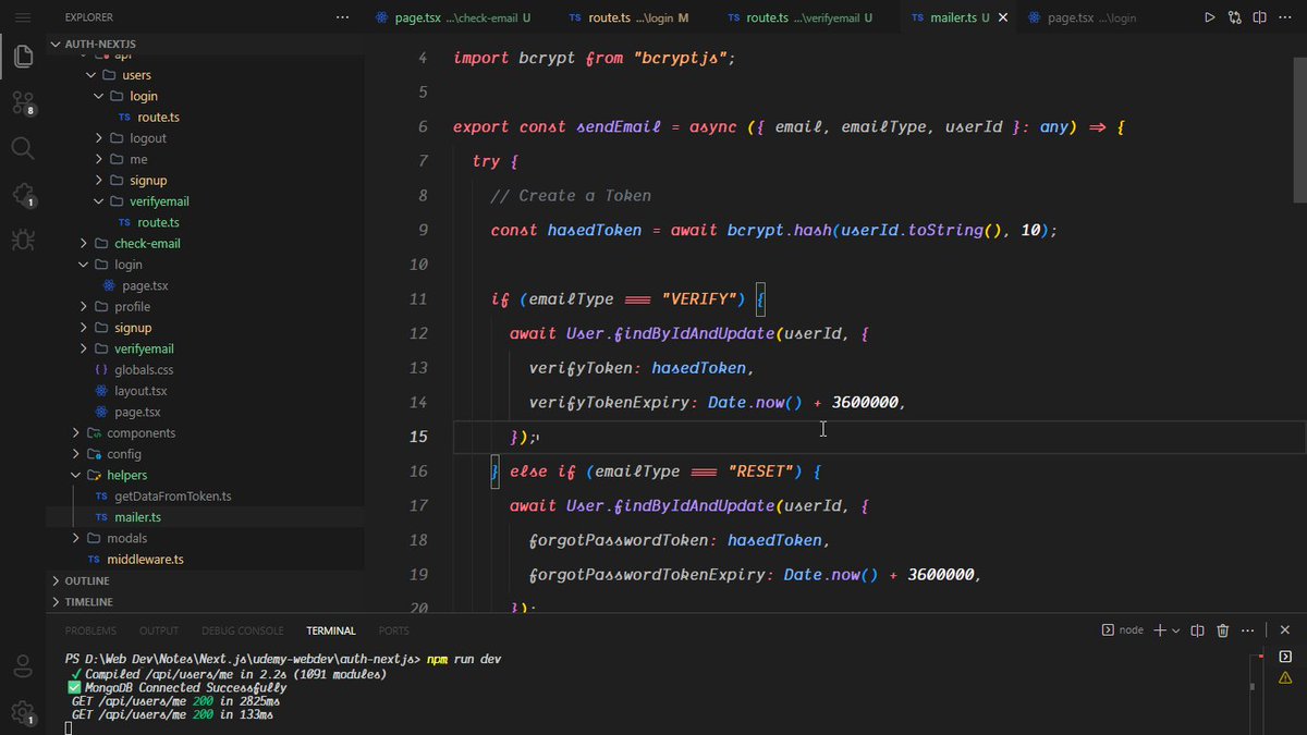 iamlokendranath's tweet image. ✅ Days 117–120 of #200DaysOfCode
➤ Built Next.js auth with MongoDB — middleware for public/private routes & data helpers.
➤ Implemented email verification + forgot-password (Mailtrap + nodemailer).
➤ Nailed SSR & Vercel deployment. 🚀
#NextJS #WebDev #MongoDB #DevJourney