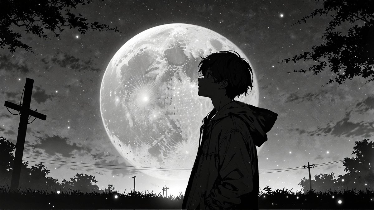 nightgalaxx's tweet photo. Gazing at the moon in silent wonder, this silhouette captures that quiet anime introspection under a starry sky. What's your favorite night-sky memory? #AnimeArt #MoonlitSilhouette #DigitalIllustration #bluskyart #aiart #blusky https://t.co/0ai0uTZpr5
