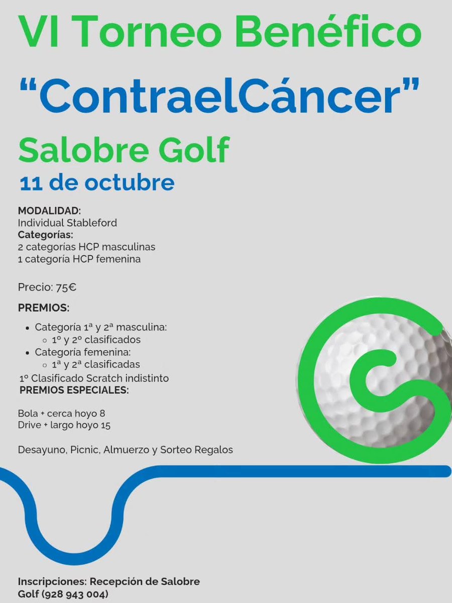 VI Torneo Benéfico "Contra el Cancer" Salobre Golf. Un evento organizado por @salobregolf a beneficio de la Asociación Española Contra el Cáncer de Las Palmas. 
Gracias a todos los colaboradores y jugador@s por hacer posible que salgan adelante iniciativas como esta.