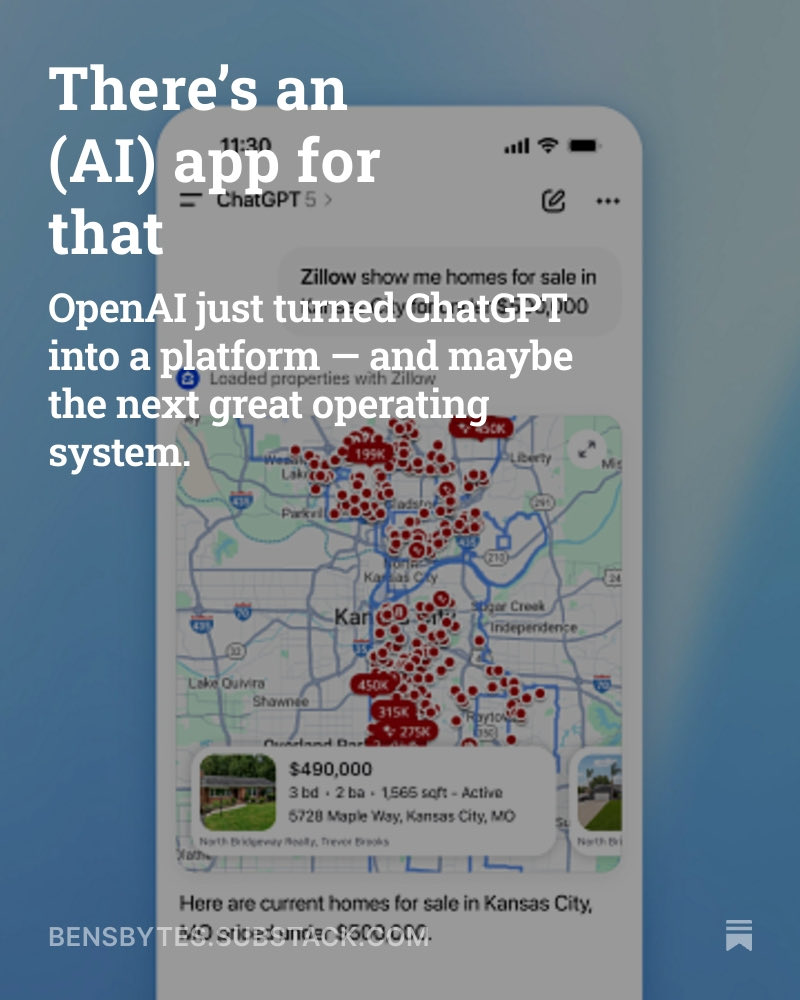 thebenrudolph's tweet photo. Apple had “There’s an app for that.” 🍎 
Now, OpenAI does too. 🤖 

This week, OpenAI announced app integrations for ChatGPT to turn it from a chatbot into the next operating system for the web.

It’s brilliant, a little terrifying, and maybe the start of the App Store era for AI https://t.co/LLSYLxTFg0